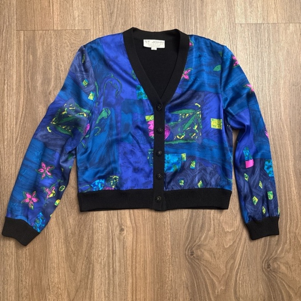 Vintage St. John silk Colorful Patterned Cardigan with knit back